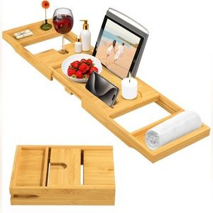 Bamboo Bathtub Tray Table - Collapsible & Adjustable Bathtub Caddy